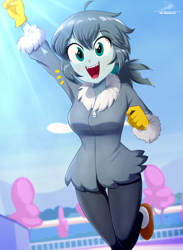 Size: 1634x2234 | Tagged: safe, artist:the-butch-x, derpibooru import, gabby, human, equestria girls, g4, clothes, cute, equestria girls-ified, gabbybetes, gloves, hoodie, open mouth, open smile, sharp teeth, smiling, solo, teeth