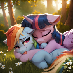 Size: 2048x2048 | Tagged: safe, ai content, alternate version, derpibooru import, generator:pony diffusion v6 xl, generator:stable diffusion, machine learning generated, rainbow dash, twilight sparkle, twilight sparkle (alicorn), alicorn, pegasus, pony, g4, backlighting, bedroom eyes, blushing, cute, drool, duo, duo female, ear fluff, ears, ears back, eyes closed, female, floppy ears, flower, folded wings, forest, grass, high res, hoof licking, hooves, horn, hug, lesbian, licking, lying down, mare, nature, on top, outdoors, prompter:adorablebluefox, shipping, shoulder fluff, snuggling, tail, tongue, tongue out, tree, twidash, wings
