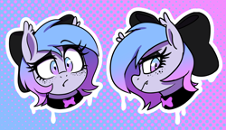 Size: 1618x931 | Tagged: safe, artist:thebatfang, derpibooru import, oc, oc only, oc:lucky roll, bat pony, pony, alternate design, alternate hairstyle, bow, bust, emo, female, freckles, frown, gradient background, hair bow, halftone effect, makeup, mare, portrait, solo