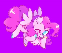Size: 2489x2141 | Tagged: safe, artist:sillyp0ne, derpibooru import, pinkie pie, pegasus, pony, g4, alternate design, blue eyes, blush sticker, blushing, chest fluff, colored hooves, colored muzzle, colored pinnae, curly hair, curly mane, curly tail, female, flying, hooves, hooves on face, in air, long mane, long tail, looking at you, mare, multicolored hooves, nose blush, one eye closed, pegasus pinkie pie, pink coat, pink mane, pink tail, purple background, race swap, shiny hoof, shiny mane, shiny tail, signature, simple background, smiling, smiling at you, solo, spread wings, tail, tongue, tongue out, wingding eyes, wings