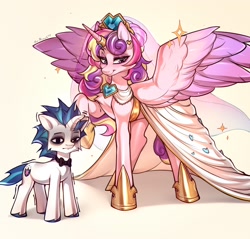 Size: 2048x1960 | Tagged: safe, artist:minekoo2, derpibooru import, princess cadance, shining armor, alicorn, pony, unicorn, g4, blank stare, bowtie, clothes, dress, duo, female, floppy horn, height difference, horn, horseshoes, jewelry, male, mare, meme, raised hoof, raised leg, shivering, simple background, smiling, sparkles, spread wings, stallion, the bride and the ugly ass groom, tiara, wings