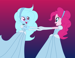 Size: 1280x995 | Tagged: safe, artist:metaengine03, artist:vivithefolle, derpibooru import, pinkie pie, oc, oc:jemimasparkle, human, equestria girls, g4, canon x oc, choker, cinderella, clothes, dancing, dress, evening gloves, female, gloves, gown, headband, holding hands, lesbian, long gloves, looking at each other, looking at someone, open mouth, open smile, poofy shoulders, smiling, smiling at each other, waltz