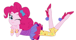 Size: 7893x4239 | Tagged: safe, artist:lobo299, derpibooru import, pinkie pie, human, equestria girls, friendship games, g4, bare shoulders, clothes, curly hair, cute, female, gold, hair ribbon, hairband, high heels, leggings, legs, looking at you, lying down, one eye closed, ribbon, shoes, simple background, smiling, smiling at you, stupid sexy pinkie, transparent background, wink, winking at you, wrist cuffs