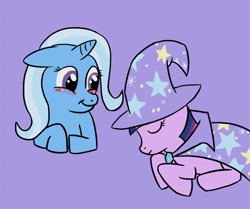 Size: 800x668 | Tagged: safe, artist:smockhobbes, derpibooru import, trixie, twilight sparkle, pony, unicorn, g4, accessory swap, blushing, cape, clothes, eyes closed, female, hat, horn, lesbian, looking at someone, shipping, simple background, smiling, twixie