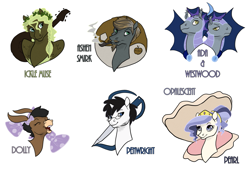 Size: 1237x876 | Tagged: safe, artist:seawitchsteph, derpibooru import, oc, oc only, oc:ada, oc:ashen smirk, oc:dolly, oc:ickle muse, oc:opalescent pearl, oc:penwright, oc:westwood, bat pony, donkey, pegasus, pony, female, male, mare, night guard, pipe, stallion