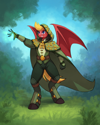 Size: 2800x3500 | Tagged: safe, artist:asimos, derpibooru import, oc, oc only, oc:stygian spell, anthro, bat pony, unguligrade anthro, anthro oc, bat pony oc, bat wings, cape, clothes, fantasy, forest, glasses, high res, hood, mage, magic, male, nature, signature, solo, spread wings, tree, wings