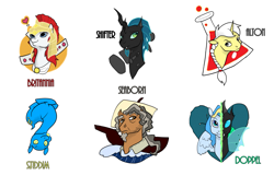 Size: 1237x847 | Tagged: safe, artist:seawitchsteph, derpibooru import, oc, oc only, oc:alton, oc:britannia, oc:doppel, oc:seaborn, oc:shifter, oc:wiggles, pony, unicorn, female, horn, male, mare, stallion