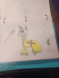 Size: 3000x4000 | Tagged: safe, artist:iconic, derpibooru import, oc, oc only, oc:acord, hybrid, pony, unicorn, horn, interspecies offspring, levitation, lined paper, magic, male, offspring, parent:discord, parent:twilight sparkle, parents:discolight, sword, telekinesis, traditional art, weapon