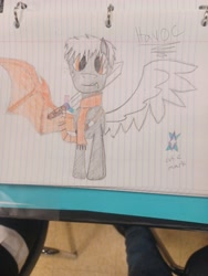 Size: 3000x4000 | Tagged: safe, artist:iconic, derpibooru import, oc, oc only, oc:havoc, hybrid, pegasus, pony, clothes, interspecies offspring, lined paper, mismatched wings, offspring, parent:discord, parent:twilight sparkle, parents:discolight, scarf, snaggletooth, sword, traditional art, weapon, wings