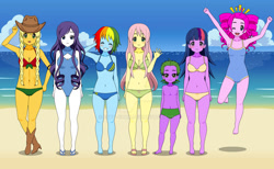 Size: 1024x632 | Tagged: safe, artist:evey-chan, derpibooru import, applejack, fluttershy, pinkie pie, rainbow dash, rarity, spike, twilight sparkle, human, equestria girls, g4, beach, belly button, bikini, blushing, boots, breasts, cleavage, clothes, cowboy boots, cowboy hat, deviantart watermark, emanata, female, hat, high heel boots, human spike, humane five, humane six, kisekae, looking at you, male, obtrusive watermark, ocean, one eye closed, one-piece swimsuit, sand, sandals, shoes, swimsuit, water, watermark, waving, waving at you, wink