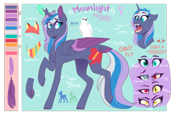 Size: 5517x3633 | Tagged: safe, artist:wallvie, derpibooru import, oc, oc:moonlight melody (wallvie), alicorn, bird, pony, falcon, fangs, female, mare, reference sheet, solo