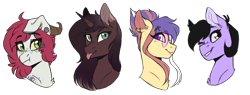 Size: 5617x2127 | Tagged: safe, artist:wallvie, derpibooru import, oc, oc only, oc:faultx, oc:jade (sofienriquez), oc:kaya, oc:quilly inks, pony, unicorn, bust, female, horn, horns, mare, portrait, simple background, transparent background