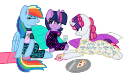 Size: 773x476 | Tagged: safe, artist:rydersimmer, derpibooru import, rainbow dash, rarity, twilight sparkle, alicorn, pegasus, pony, unicorn, g4, clothes, female, horn, pajamas, simple background, sleepover, transparent background