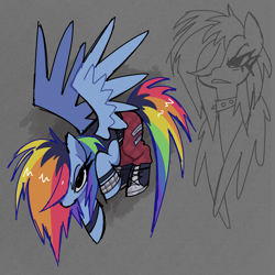 Size: 2086x2086 | Tagged: safe, artist:syrupyyy, derpibooru import, rainbow dash, pegasus, pony, g4, alternate design, alternate eye color, alternate hair color, alternate hairstyle, belt, big eyes, black sclera, blue coat, bracelet, choker, clothes, collar, duality, dyed mane, dyed tail, female, flying, frown, gray background, hair over one eye, high res, in air, jewelry, lidded eyes, long eyelashes, long mane, long tail, looking at you, mare, messy mane, messy tail, multicolored hair, multicolored mane, multicolored tail, narrowed eyes, no mouth, pants, punk, rainbow hair, rainbow punk, rainbow tail, raised hoof, raised leg, shiny mane, shiny tail, shoes, simple background, sketch, sneakers, solo, spiked choker, spiked collar, spread wings, studded bracelet, tail, tanktop, thick eyelashes, wall of tags, wingding eyes, wings, wings down