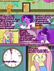 Size: 2000x2643 | Tagged: safe, artist:bestponies, derpibooru import, fluttershy, oc, oc:violet drop, goo, goo pony, monster pony, original species, pegasus, pony, comic:nurses take over, g4, clothes, comic, comic panel, dialogue, eyes closed, female, high res, hospital, magic, mare, open mouth, picture, sitting, speech bubble