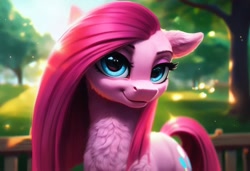 Size: 1216x832 | Tagged: safe, ai content, generator:pony diffusion v6 xl, machine learning generated, pinkie pie, earth pony, pony, aside glance, cheek fluff, chest fluff, ear fluff, ears, female, fluffy, looking at you, mare, neck fluff, pinkamena diane pie, smiling, smiling at you, solo, tree