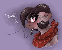 Size: 1765x1414 | Tagged: safe, artist:reddthebat, derpibooru import, oc, oc only, oc:number nine, earth pony, pony, bandana, blushing, bust, cigarette, dialogue, ear blush, ears, female, floppy ears, looking at you, mare, smoking, solo, speech bubble, sweat, talking to viewer