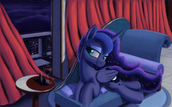 Size: 3193x1975 | Tagged: safe, artist:maretian, derpibooru import, princess luna, alicorn, alcohol, canterlot, city, cityscape, cloud, crown, curtains, drink, ethereal mane, eyebrows, fainting couch, female, glass, jewelry, lying down, mare, missing accessory, night, night sky, open window, raised eyebrow, regalia, rug, sky, smiling, sofa, solo, starry mane, table, wind, window, wine, wine glass