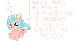 Size: 1249x746 | Tagged: safe, artist:youssoupoff, derpibooru import, cozy glow, pegasus, pony, g4, /mlp/, 4chan, chest fluff, dialogue, female, filly, floating heart, foal, folded wings, freckles, heart, implied anon, lying down, prone, simple background, smiling, solo, speech bubble, tail, talking to viewer, white background, wings