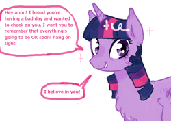 Size: 1434x1014 | Tagged: safe, artist:youssoupoff, derpibooru import, twilight sparkle, twilight sparkle (alicorn), alicorn, pony, g4, chest fluff, dialogue, doodle, encouragement, female, horn, looking at you, mare, positive ponies, requested art, simple background, smiling, smiling at you, solo, sparkles, speech bubble, talking to viewer, white background