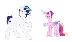 Size: 1540x910 | Tagged: safe, artist:vetta, derpibooru import, princess cadance, shining armor, alicorn, pony, unicorn, g4, alternate hairstyle, bags under eyes, bunny slippers, cadance is not amused, clothes, coffee mug, concave belly, duo, duo male and female, fabulous, female, folded wings, glowing, glowing horn, hair bun, height difference, horn, levitation, magic, male, mare, meme, mug, physique difference, role reversal, short mane, short tail, simple background, slender, slippers, sparkles, stallion, tail, telekinesis, the bride and the ugly ass groom, the groom and the ugly ass bride, thin, unamused, white background, wings