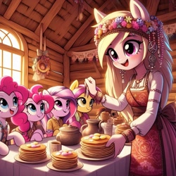 Size: 1024x1024 | Tagged: source needed, safe, ai content, derpibooru import, machine learning generated, derpy hooves, pinkie pie, anthro, pony, anthro with ponies, clothes, cyrillic, food, pancakes, prompter needed, russian, self paradox, self ponidox, shrovetide, slavic