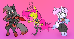 Size: 1900x1000 | Tagged: safe, artist:rubyrelax, derpibooru import, oc, oc only, oc:blood stain, oc:heavy weather, oc:twister pop, anthro, earth pony, unguligrade anthro, unicorn, armor, clothes, dress, glasses, gradient background, hand on hip, horn, shirt, shorts, snail, socks, sword, weapon