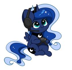 Size: 2870x2800 | Tagged: safe, artist:kittyrosie, derpibooru import, princess luna, alicorn, pony, g4, chibi, controller, cute, female, gamer luna, headphones, headset, lunabetes, mare, microphone, simple background, solo, starry eyes, transparent background, wingding eyes