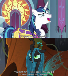 Size: 1280x1440 | Tagged: safe, derpibooru import, edit, edited screencap, editor:jaredking779, screencap, queen chrysalis, shining armor, changeling, changeling queen, pony, unicorn, g4, season 9, sparkle's seven, the beginning of the end, caption, confrontation, duo, female, horn, male, stallion, text
