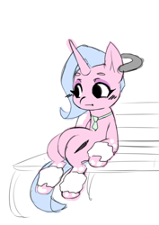 Size: 744x1052 | Tagged: safe, artist:chiefywiffy, derpibooru import, oc, oc:chiefy, unicorn, belly, clothes, ear piercing, horn, leg warmers, necktie, piercing, simple background, sitting, solo, white background