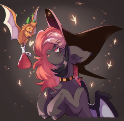 Size: 3367x3287 | Tagged: safe, artist:pledus, derpibooru import, oc, oc:orange the bat, oc:peach velvet, bat, bat pony, fruit bat, bat pony oc, cute, female, hat, mare, pet, potion, witch hat