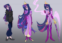 Size: 2048x1422 | Tagged: safe, artist:lizkaintrash, derpibooru import, twilight sparkle, human, g4, bags under eyes, boots, clothes, crown, cutie mark on clothes, dress, evil twilight, eyeshadow, female, frown, gloves, gown, gradient background, humanized, jewelry, lidded eyes, light skin, long gloves, long hair, looking at you, looking away, magic, makeup, multicolored hair, older, older twilight, one eye covered, pants, purple eyes, regalia, shoes, shoulder pads, smiling, sparkly hair, straight hair, sweater, sweatpants, sword, thigh boots, tiara, triality, trio, trio female, uniform, weapon, wingding eyes