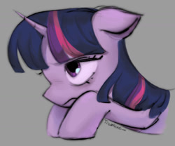 Size: 1442x1199 | Tagged: safe, artist:treasuxe, derpibooru import, twilight sparkle, unicorn twilight, pony, unicorn, g4, bags under eyes, blue mane, colored pinnae, eyelashes, female, frown, gray background, horn, lidded eyes, long mane, lying down, mare, narrowed eyes, prone, purple coat, purple eyes, signature, simple background, solo, straight mane, tired, tired twilight, unicorn horn, wingding eyes