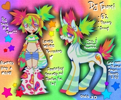 Size: 4096x3367 | Tagged: safe, artist:colorwurm, derpibooru import, oc, oc only, oc:dj gumi, human, pony, unicorn, acne, adoptable, arm warmers, belly button, bra, clothes, coat markings, colored eyelashes, colored hooves, colored horn, concave belly, curved horn, duality, duo, duo female, ear piercing, earring, eye clipping through hair, facial piercing, fake tail, female, green coat, hair accessory, hairclip, headphones, heart, hooves, horn, human ponidox, jewelry, leg warmers, lidded eyes, light skin, long horn, long legs, looking back, mare, messy hair, messy mane, messy tail, multicolored eyes, multicolored hair, multicolored hooves, multicolored mane, nose piercing, open mouth, open smile, panties, piercing, pigtails, ponified, ponified oc, profile, rainbow background, self paradox, self ponidox, septum piercing, shirt, short shirt, shorts, smiling, species swap, stars, striped, striped horn, stripes, t-shirt, tail, tall, text, thong, tied hair, tied mane, trans female, transgender, transgender oc, underwear, unicorn oc, wall of tags, white text, wingding eyes
