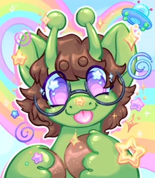 Size: 1778x2048 | Tagged: safe, artist:ibbledribble, derpibooru import, oc, oc only, alien, alien pony, :3, :p, abstract background, alien pony oc, ambiguous gender, antennae, beanbrows, big ears, blue sclera, brown mane, colored eyebrows, colored hooves, colored sclera, commission, ears, emanata, eye clipping through hair, eyebrows, eyebrows visible through hair, glasses, green coat, looking at you, profile picture, purple eyes, rainbow, raised hooves, round glasses, shiny hoof, shiny mane, short mane, smiling, smiling at you, solo, sparkles, sparkly eyes, starry eyes, stars, swirls, tongue, tongue out, ufo, unnamed oc, unshorn fetlocks, wingding eyes