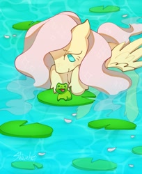 Size: 1109x1357 | Tagged: safe, artist:shinehop69, derpibooru import, fluttershy, frog, pegasus, pony, g4, blush sticker, blushing, female, in water, leg fluff, lidded eyes, lilypad, long mane, long tail, looking down, mare, open mouth, open smile, partially submerged, pink mane, pink tail, smiling, solo, sparkly mane, sparkly tail, spread wings, swimming, tail, teal eyes, water, wavy mane, wavy tail, wet, wet mane, wet tail, wing fluff, wings, yellow coat