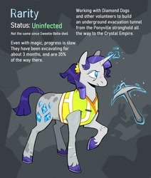 Size: 2800x3300 | Tagged: safe, artist:cracklewink, derpibooru import, rarity, pony, unicorn, female, harmony syndrome, horn, implied death, magic, mare, mlp infection, pickaxe, safety vest, scar, solo, telekinesis