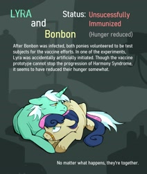 Size: 2800x3300 | Tagged: safe, artist:cracklewink, derpibooru import, bon bon, lyra heartstrings, sweetie drops, earth pony, pony, unicorn, duo, female, harmony syndrome, horn, infected, lesbian, lying down, lyrabon, mare, mlp infection, prone, shipping