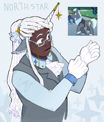 Size: 2800x3300 | Tagged: safe, artist:cracklewink, derpibooru import, north star, human, pony, unicorn, clothes, dark skin, dreadlocks, freckles, glasses, gloves, horn, horn jewelry, horned humanization, humanized, jewelry, male, solo, stallion, waistcoat