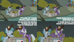 Size: 2000x1125 | Tagged: safe, derpibooru import, edit, edited screencap, editor:quoterific, screencap, appointed rounds, rainy day, starlight glimmer, road to friendship, box, hoo'far's wagon, mailpony, river, wagon, water