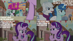 Size: 2000x1125 | Tagged: safe, derpibooru import, edit, edited screencap, editor:quoterific, screencap, double diamond, party favor, starlight glimmer, to where and back again, balloon, our town