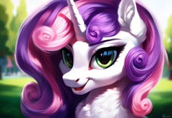 Size: 1216x832 | Tagged: safe, ai content, generator:pony diffusion v6 xl, machine learning generated, sweetie belle, pony, unicorn, bust, ear fluff, ears, female, fluffy, mare, neck fluff, older, older sweetie belle, open mouth, smiling, solo