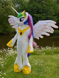 Size: 981x1280 | Tagged: safe, artist:atalonthedeer, artist:dairishgoat, derpibooru import, princess celestia, alicorn, fursuit, irl, jewelry, outdoors, photo, ponysuit, regalia, solo, spread wings, wings