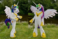 Size: 1024x690 | Tagged: safe, artist:atalonthedeer, artist:dairishgoat, derpibooru import, princess celestia, alicorn, fursuit, irl, jewelry, outdoors, photo, ponysuit, regalia, solo, spread wings, wings