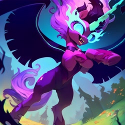 Size: 4096x4096 | Tagged: safe, ai content, derpibooru import, generator:purplesmart.ai, generator:stable diffusion, machine learning generated, midnight sparkle, sci-twi, twilight sparkle, twilight sparkle (alicorn), alicorn, pony, equestria girls, g4, belly, bipedal, female, flowing mane, glowing, glowing horn, horn, mare, outdoors, ponified, prompter:enterusxrname, rearing, solo, species swap, spread wings, wings