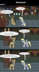 Size: 1920x3516 | Tagged: safe, artist:platinumdrop, derpibooru import, derpy hooves, doctor whooves, earth pony, pegasus, pony, comic:dismissed, g4, 3 panel comic, alternate timeline, bowtie, comic, commission, crying, dialogue, doctor whooves' lab, dumped, duo, duo male and female, ears, ears back, female, fired, floppy ears, folded wings, frantic, frown, happy, heartbreak, indoors, lab, laboratory, looking at each other, looking at someone, looking away, machine, machinery, male, mare, open mouth, pleading, sad, sitting, speech bubble, spread wings, stallion, talking, tears of sadness, teary eyes, this will not end well, walking, wings, wings down