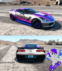 Size: 955x1080 | Tagged: safe, artist:snowy starshine, derpibooru import, oc, oc only, oc:inkwell stylus, pegasus, pony, airfield, bipedal, car, chest fluff, chevrolet, chevrolet corvette, cute, game screencap, mountain, mountain range, need for speed, show accurate, skateboard, sky, smiling, spread wings, wings
