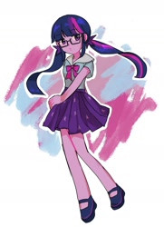 Size: 1459x2010 | Tagged: safe, artist:sugarcube269, derpibooru import, sci-twi, twilight sparkle, human, equestria girls, g4, bow, bowtie, clothes, eyebrows, eyebrows visible through hair, female, glasses, pigtails, shoes, skirt, solo