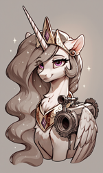 Size: 768x1280 | Tagged: safe, ai content, derpibooru import, generator:stable diffusion, machine learning generated, princess celestia, alicorn, pony, g4, chest fluff, ear fluff, ears, eyebrows, eyebrows visible through hair, female, generator:autismmix pony, jewelry, mare, prompter:adorablebluefox, rocket launcher, sepia, sitting, solo, sparkles, weapon, wings