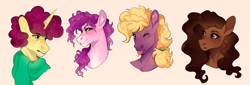 Size: 2804x948 | Tagged: safe, artist:traceofstardust, derpibooru import, oc, oc:bread basket, oc:honeymoon appleslice, oc:ryegrass, oc:southern bravado, earth pony, pony, unicorn, blushing, bust, ear fluff, ears, female, freckles, grin, horn, looking at you, male, mare, next generation, offspring, one eye closed, parent:applejack, parent:big macintosh, parent:sugar belle, parent:trouble shoes, parents:sugarmac, parents:troublejack, ponytail, portrait, simple background, smiling, stallion, tongue, tongue out, wink, winking at you